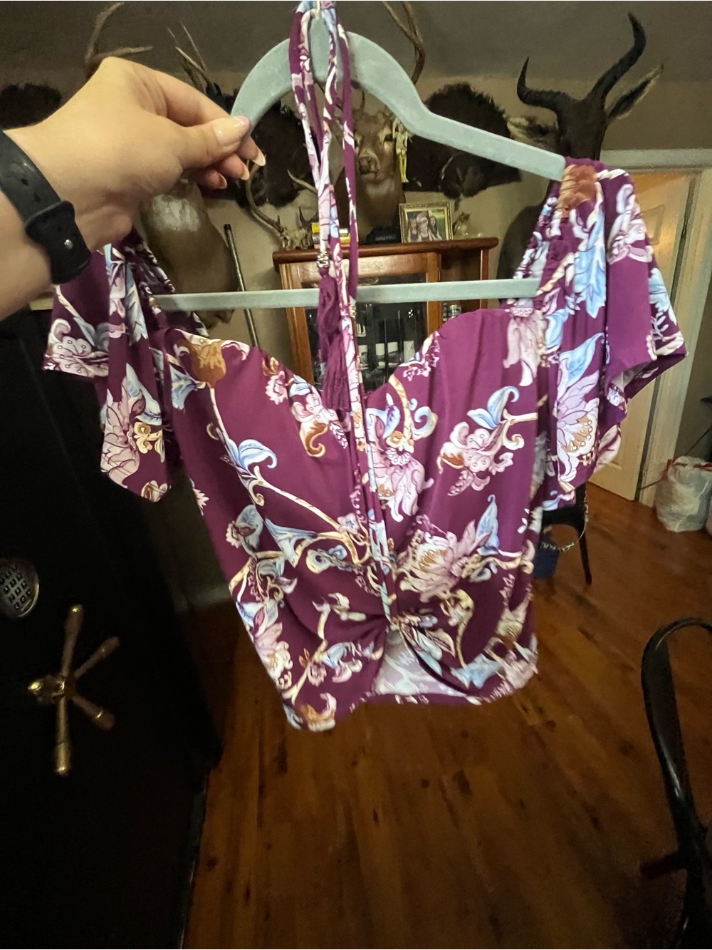 White House Black Market Purple Floral Off-Shoulder Crop Top